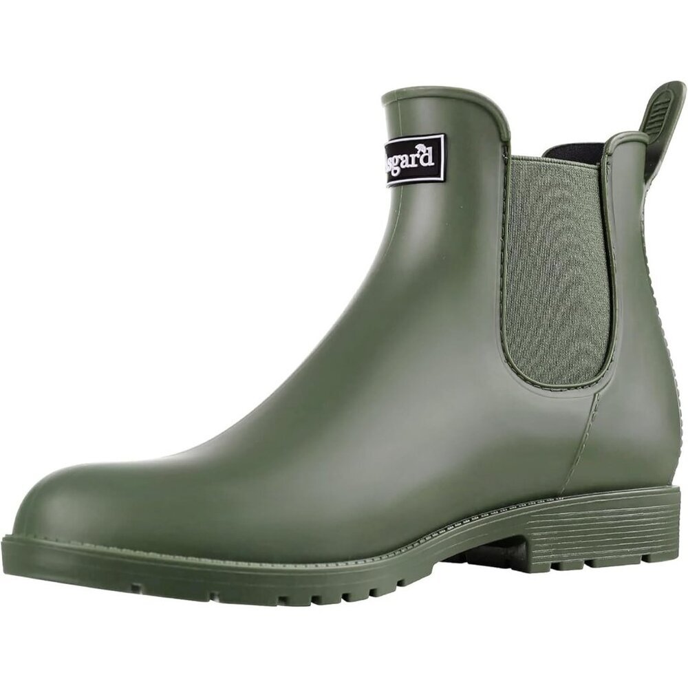 Women's Olive Pointed Toe Waterproof Chelsea Double Elastic Ankle Rain Boots
